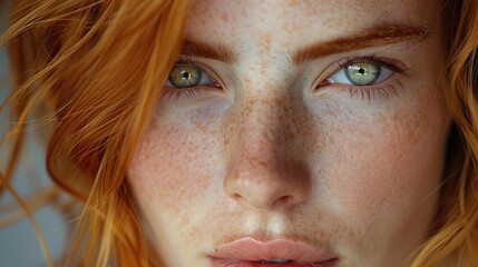 Wall Mural - beautiful woman with red hair and freckles close up portrait stock photo