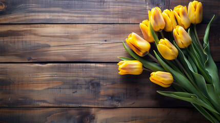 Wall Mural - Yellow Tulip flowers on wood table with copy space, Summer time illustration. 