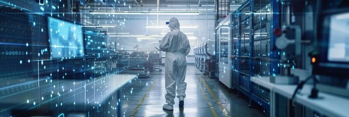 Poster - Biological Scientist in Sterile Coveralls Examining Industrial CNC Machine Settings and Configuring Production Functions in Heavy Industry Manufacturing Factory.