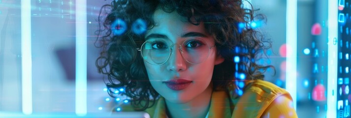 Poster - Young Stylish Female with Curly Hair Using Laptop Computer in Marketing Agency. Close Up Portrait of a Happy Middle Eastern Manager Sitting at a Desk in Creative Office.