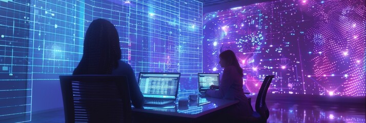 Poster - female managers and specialists work behind a desk with computer screens and laptops, discussing new