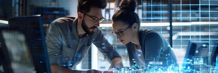 Poster - male programmer and female start-up ceo discuss new features for artificial intelligence software in