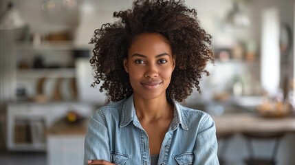 Wall Mural - portrait of a happy afro haired woman against a white background a female professional is dressed in a denim shirt she is content isolated on a white backdrop illustration photo