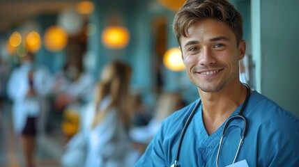 Wall Mural - young smiling male assistant in blue medical scrubs holding document while standing in front of camera with.illustration