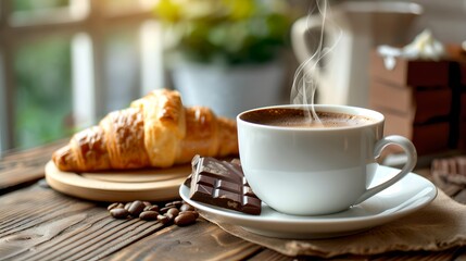 Morning coffee and croissant on rustic wooden table. Casual breakfast scene. Warm and cozy atmosphere. Perfect start to the day. AI