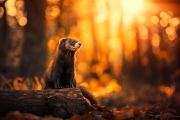 Wall Mural - Close-up portrait of a ferret in a European woodland habitat. Blurred background, soft sunlight. Horizontal. Space for copy. 