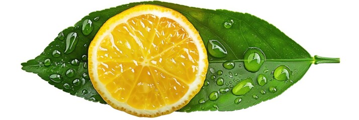 Leaf of Citrus Lemon with Drops Isolated on White Background, Fresh Green Fruit Concept