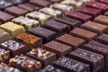 Aufkleber - Close-up view of a variety of chocolate bars in different flavors and types, showcasing their rich colors and high detail. Generative AI