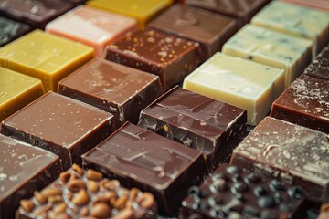 Aufkleber - Close up view of various types of chocolate bars, displaying a range of flavors and textures in rich detail. Generative AI