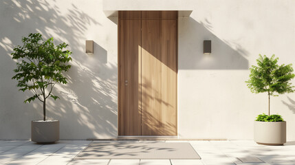 A white house with a wooden door and two potted plants on the porch. The plants are in white pots and are placed on the sidewalk. Real estate concept