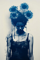 Canvas Print - Woman with flowers in her hair and dripping paint on her face.