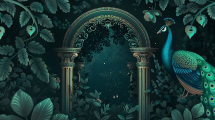 This pattern features a garden temple, a peacock, a plant, and a bird against a dark background