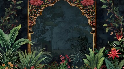 Wall Mural - The image of a Mughal arch frame with a garden, plant, and flower is used as an invitation frame