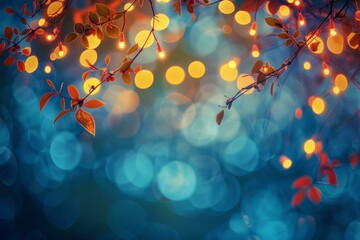 Glowing Lights Adorn a Tree Against a Blurred Blue Sky