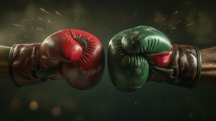 A close-up shot of two boxing gloves, one red and one green, clashing in a powerful blow.