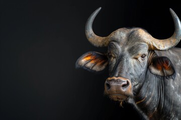 Wall Mural - Majestic African buffalo close up portrait isolated on dark black background with dramatic lighting. Horizontal. Space for copy. 