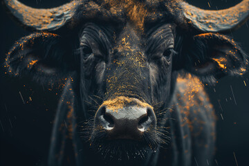 Wall Mural - Majestic African buffalo close up portrait isolated on dark black background with dramatic lighting. Horizontal. Space for copy. 