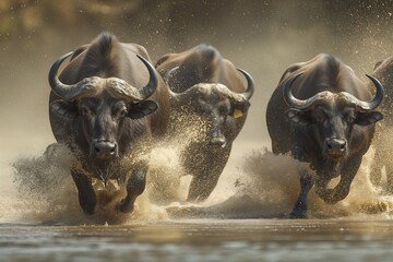 Wall Mural - Herd of African buffalo charging through dusty savannah displaying power and unity in wild ideal for travel and conservation themes. Horizontal. Space for copy. 