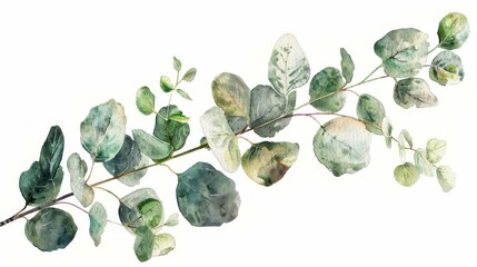 The Eucalyptus branch is isolated on white and is old watercolor