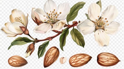 The almond is isolated on a transparent background, showing an old illustration of a botanical