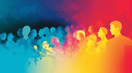 Wall Mural - Colorful human head silhouettes, crowd illustration banner design