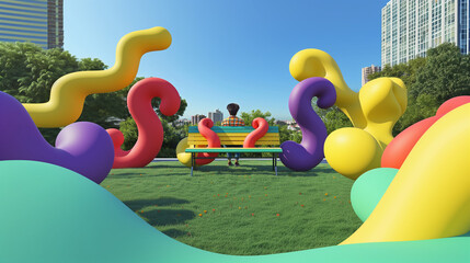 Wall Mural - brightly colored sculptures in a park with a bench and a person sitting on a bench