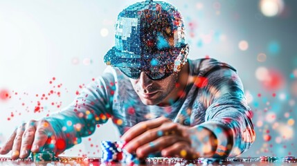 Wall Mural - A man is playing poker with a pile of chips in front of him