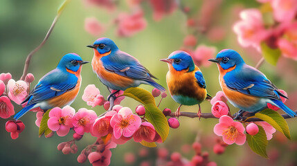 Wall Mural - three birds sitting on a branch of a tree with pink flowers