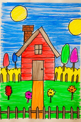 Poster - Drawing of red house with trees and flowers in the background.