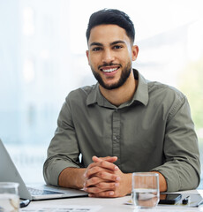 Fototapete - Smile, laptop and happy businessman in office, email and online for planning and deadline. Technology, computer and professional web designer, internet and research with portrait for male person