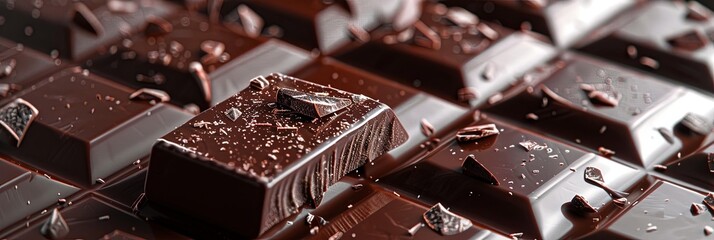 Aufkleber - Detailed close-up shot of a dark chocolate bar with bite missing, showing smooth texture and break lines. Generative AI