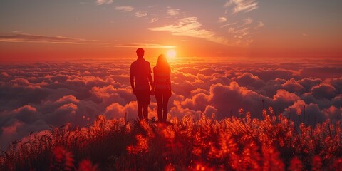 Wall Mural - The couple enjoys a stunning sunset with vibrant colors and a serene landscape bathed in warm light, creating the perfect backdrop for togetherness and relaxation.