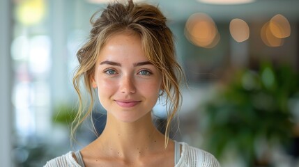 Wall Mural - portrait of a beautiful young woman smiling at the camera on white background stock image