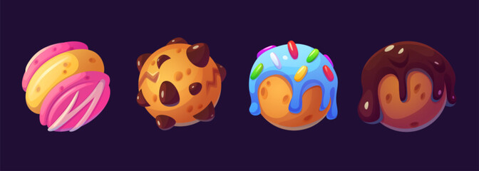 Wall Mural - Candy game planet for magic space icon cartoon. Fantasy cake ball for yummy chocolate world. Dessert universe design with sweet sphere orbit concept. Crazy confectionery bubble for funny kids app