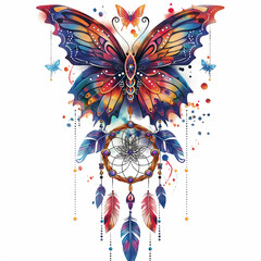 Wall Mural - brightly colored butterfly with dream catcher and feathers on white background