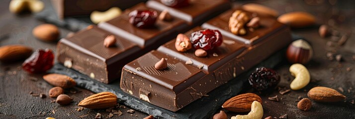 Aufkleber - A chocolate bar adorned with nuts and cranberries, showcasing high detail and rich textures. Generative AI
