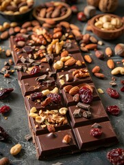 Aufkleber - A delicious chocolate bar topped with nuts and cranberries, showcasing rich textures and natural ingredients. Generative AI