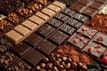 Aufkleber - Various chocolate bars in different flavors and types are neatly arranged on a table. Generative AI