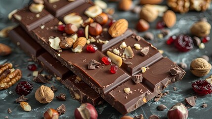 Aufkleber - Detailed view of a chocolate bar filled with nuts and cranberries, showcasing rich textures and natural ingredients. Generative AI