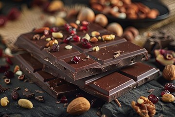 Aufkleber - Detailed close up of a chocolate bar filled with nuts and dried fruits, showcasing rich textures and natural ingredients. Generative AI