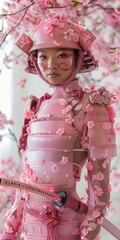 Wall Mural - Asian Woman in Pink Samurai Armor and Cherry Blossoms