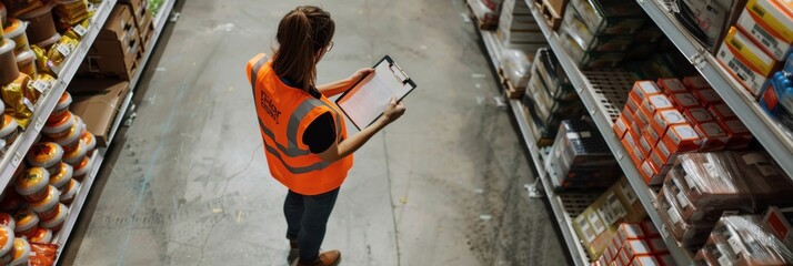 Poster - A warehouse worker is performing inventory checks at a distribution center, ensuring safety and efficient storage management by wearing a highvisibility vest and using a clipboard