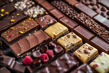 Poster - Close up view of a variety of chocolate bars in different flavors and types, displayed with high detail and rich colors. Generative AI