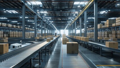 Poster - An advanced warehouse is outfitted with conveyor belts for box handling, and automated systems for efficient storage and distribution of goods, showcasing modern logistics and technology
