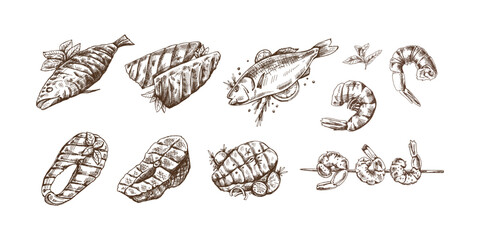 Wall Mural - Hand-drawn monochrome vector sketch of barbecue fish and pieces of barbecue salmon steaks, prawns, shrimps. Doodle vintage illustration. Decorations for the menu of cafes and labels.