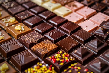 Aufkleber - Close-up view of a variety of chocolate bars with different flavors and types neatly arranged, showcasing rich colors and high detail. Generative AI
