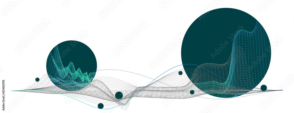 Abstract geometric wave design with spherical elements and grid lines ...