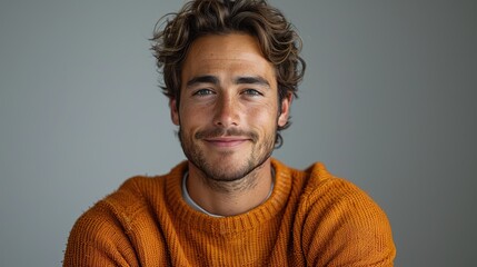 Wall Mural - young man wearing orange sweater over isolated white background happy face smiling with crossed arms looking at the camera.illustration
