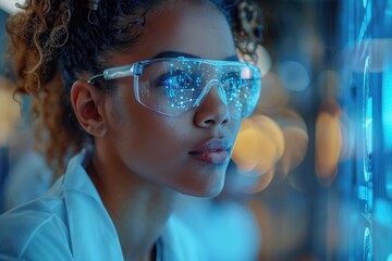 Close up of the face of a woman wearing protective glasses