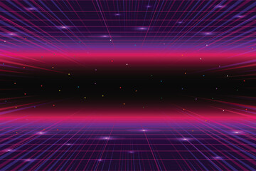 Wall Mural - retro futurism sci-fi background. glowing neon grid. and stars from vintage arcade computer games